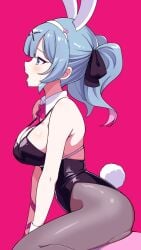 1girls alternate_breast_size animal_ears ass_ripple bare_arms bare_shoulders black_bow black_leotard black_pantyhose blue_eyes blue_hair blush booty bow breasts cowboy_shot detached_collar fake_animal_ears hair_ornament hairband hairbow hatsune_miku implied_sex large_breasts leotard medium_hair open_mouth pantyhose pink_background playboy_bunny profile rabbit_ears rabbit_hole_(vocaloid) sideboob simple_background sitting solo sweat teeth tongue torinokawori twintails upper_teeth_only v_arms vocaloid white_hairband x_hair_ornament