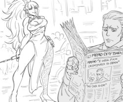 bb_(baalbuddy) china_dress cleavage cody_travers english_text final_fight large_breasts leg_tattoo monochrome newspaper poison_(final_fight) ponytail riding_crop street_fighter street_fighter_iv street_fighter_v