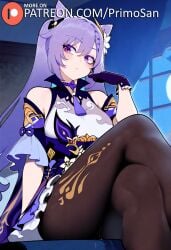 ai_generated bare_shoulders cone_hair_bun crossed_legs genshin_impact keqing_(genshin_impact) long_hair looking_at_viewer pantyhose primosan purple_eyes purple_hair sitting twintails