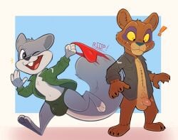 ! 2boys anthro balls bear bottomless brown_body brown_fur bulge clothed clothing conker's_bad_fur_day duo exclamation_point flaccid flaccid_penis fur furry futa_only gay genitals grey_body grey_fur grey_skin hi_res male male_only mammal one_eye_closed penis plushie rareware rodent sciurid soldier_squirrel surprise teddy_bear tediz tree_squirrel underwear underwear_pull werewolfguts wink yaoi yellow_sclera