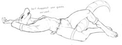 ... 2018 anthro black_and_white breasts claws dialogue english_text female full-length_portrait hand_behind_head jewelry kobold line_art looking_at_viewer lying monochrome necklace non-mammal_breasts nude on_back open_mouth portrait pussy reptile scalie sharp_teeth side_view simple_background small_breasts snout solo talking_to_viewer teeth text w4g4 white_background