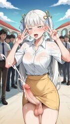 1futa ahe_gao ai_generated cum dickgirl ejaculation futanari gold_skirt jinhsi_(wuthering_waves) pencil_skirt penis slitless_pencil_skirt testicles tight_pencil_skirt twintails white_shirt wuthering_waves yuuki_snow