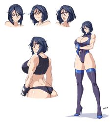 big_breasts breasts cleavage cleavage_cutout dark_hair devil-v female high_heel_boots huge_breasts leotard muscular muscular_female purple_eyes short_hair toned