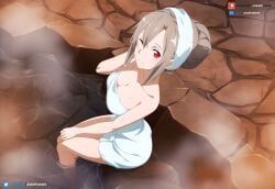 ai_generated brown_hair curvy eydis_synthesis_ten female hair_up juanpi_amvs light onsen patreon patreon_username red_eyes sitting steam sword_art_online towel towel_around_breasts towel_only water watermark