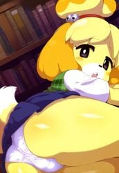 ai_generated animal_crossing bare_legs big_ass big_breasts big_butt black_eyes blonde_hair blush dog_ears dog_girl dog_tail fat_ass fur furry furry_only huge_breasts huge_thighs isabelle_(animal_crossing) looking_at_viewer massive_breasts mr._nyazakura nintendo office_lady panties ponytail shortstack thick_body thick_female thick_thighs thighs upskirt