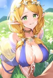 ai_generated another_eden blonde_hair cum_on_breasts cum_on_face elf elf_ears green_eyes nai_diffusion outdoors paizuri veina