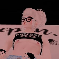 1boy 3d androgynous areola eyelashes eyeshadow femboy girly glasses hourglass_figure imvu lipstick makeup nipple nipple_piercing nipples piercing silver_hair small_breasts solo trap