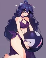 1girls ass ass_visible_through_thighs bare_legs bare_shoulders beach_ball bikini bikini_bottom bikini_top embarrassed embarrassed_female feet_out_of_frame female female_focus female_only hair_ornament hex_maniac long_hair looking_at_viewer nintendo pareo pokemon pokemon_xy purple_eyes purple_hair sachiko small_breasts summer swimsuit thick_thighs thighs