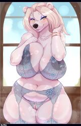 absurd_res anthro areola bear big_breasts bracelet breast_squish breasts clothed clothing curvy_figure eyewear female fur genitals glasses hair heart_symbol hi_res jewelry looking_at_viewer mammal mathilda_snowbriar nipples polar_bear pussy rayka smile solo squish thick_thighs ursine voluptuous white_hair