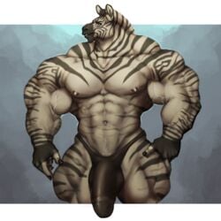 anthro big_bulge big_penis bulge clothing equine hyper hyper_muscles looking_at_viewer male male_only mammal muscular muscular_male oldshep pecs penis penis_outline pubes smile solo standing underwear veiny_muscles zebra