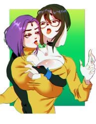 2girls anthro artist_request big_breasts black_hair dc_comics eyewear female female_only grabbing_from_behind human_on_anthro implied_fingering jxzuke looking_at_partner mochi_(jxzuke) multiple_girls pale-skinned_female purple_hair raven_(dc) saliva_trail white_fur yuri