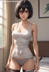 ai_generated aidreamcrush attack_on_titan black_hair clothed clothed_female cum cum_on_face dressed emotionless expressionless eyes female female_only hair hips mikasa_ackerman panties short_hair stockings thighs visible_nipples