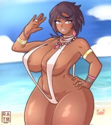 1girls beach black_hair dark-skinned_female dark_skin female female_only large_breasts nipple_slip nipples_visible_through_clothing olivia_(pokemon) pokemon pokemon_sm rathart slingshot_swimsuit solo swimsuit thick_thighs