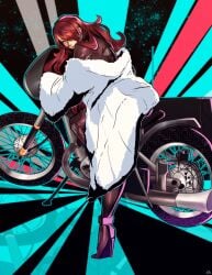 alternate_version_available commissioner_upload fur_coat high_heels high_resolution looking_at_viewer looking_back mitsuru_kirijo motorcycle nico_artooo persona persona_3 pinup_pose red_eyes red_hair