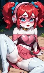 1female 1girls ai ai-created ai_assisted ai_generated blue_eyes blue_ribbon blush bracelet breasts cape chest_plate chestplate choker collar cosplay curly_hair eyelashes female female_focus female_only gold_choker gold_collar golden_collar headgear headphones headwear heart heart_shape high_heel_boots high_heels lips lipstick looking_at_viewer microphone miss_heed_(villainous) mob_entertainment on_ground pixai poppy_(poppy_playtime) poppy_playtime presenting presenting_pussy pussy red_hair red_lips red_lipstick ribbon skirt small_breasts smile smiling smiling_at_viewer thighhighs thighs twintails urikoito vagina villainous visor white_body white_skin