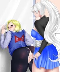 1futa 1girls against_wall alternate_version_available android_18 ass bent_over big_ass big_breasts blonde_hair blue_eyes bottomless breasts clothed clothing crossover cum cum_in_pussy cum_inside cum_on_back cum_on_clothes dragon_ball dragon_ball_z duo eastern_and_western_character female from_behind futa_on_female futanari genokuno huge_ass human large_ass light-skinned_female light-skinned_futanari light_skin long_hair mostly_clothed penis ponytail ripped_clothing rwby sex short_hair skirt standing torn_clothes weiss_schnee white_hair