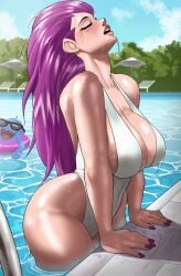 barely_contained beach_umbrella big_breasts breasts child_bearing_hips closed_eyes colored_nails coming_out_of_water covered_nipples echosaber eyelashes highleg highleg_swimsuit hips jessie_(pokemon) long_hair motion_lines one-piece_swimsuit painted_nails pokemon pool pool_ladder public_pool purple_hair purple_nails sideboob sunglasses swimsuit thick_thighs thighs water wet wet_body wet_clothes wet_hair white_swimsuit wobbuffet