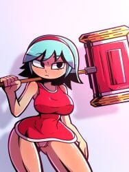 1girls amy_rose_(cosplay) bare_shoulders black_eyes blue_hair cameltoe clothed cosplay crossxvii dress female hairband hammer holding_object nipple_bulge panties ramona_flowers red_dress scott_pilgrim short_hair solo solo_female sonic_(series) sonic_the_hedgehog_(series) weapon white_panties