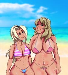 2girls amelia_medici belly big_breasts bikini bimbo filia_(skullgirls) mother multiple_girls older_female pre-samson_filia pubic_hair rallyrio skullgirls sunlight