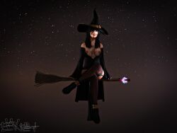 1girls 2022 3d black_dress black_hair breasts_out clothed clothing dress enetwhili2 female female_only front_view looking_at_viewer mature mature_female milf riding_broom seated sitting solo solo_female witch witch_hat