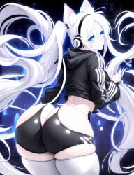 absurd_res ai_generated ass big_ass blue_eyes cat_ears catgirl headphones highres hollyn_(character) hoodie leggings panties pigtails showing_ass stockings white_hair