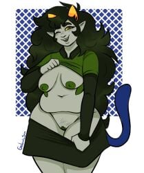 1girls alien black_hair black_hair_female blush cat_tail color colored colored_skin female female_only galaxic grey_skin homestuck homestuck_troll horn horns long_hair long_hair_female looking_at_viewer meulin_leijon partially_clothed partially_clothed_female presenting shirt_lift solo solo_female stripping troll