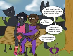 anthro arm_warmers armwear bulge canine clothed clothing dialogue erection eyewear feline girly glasses humiliation legwear male mammal nate_(character) prunuscerasus_(artist) public sitting teasing tenting text thigh_highs watermark yaoi