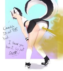 1girls ass breppy_(artist) fart fart_fetish farting farting_at_viewer fully_clothed skirt skunk_girl skunk_tail thighs upskirt