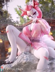 3d anthro band-aid band-aid_on_face bandage bandage_on_face big_breasts bottomless breasts canid canine clothed clothing epic_games female fortnite fox genitals hi_res hot_spring kimiko_(fortnite) kimiko_five-tails mammal multi_tail partially_submerged pink_eyes pussy rinny solo spread_legs spreading tail water