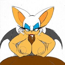 1boy 1girls color_edit cum cumshot female interracial interspecies male male_pov omegasunburst paizuri paizuri_fellatio rouge_the_bat sega sonic_(series) titjob titjob_pov