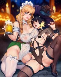 2girls bar_maid beer beer_mug big_breasts female pasties paulpeteart1 ppart small_breasts waitress wand witch