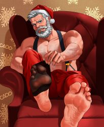 bara barefoot cado_tk32 christmas foot_fetish looking_at_viewer male_feet male_foot_fetish muscular older_male santa_claus sheer sitting_on_chair taking_off_socks