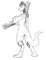 5_fingers anthro armor ass barely_visible_genitalia barely_visible_pussy black_and_white casual_nudity claws female full-length_portrait helmet knight kobold looking_away medieval_armour melee_weapon monochrome mostly_nude portrait pussy rear_view reptile scalie shield simple_background sketch solo spikes standing sword vambraces w4g4 weapon white_background