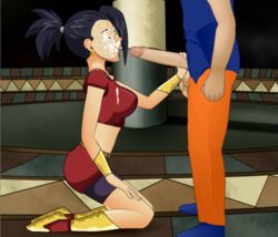 1boy 1girls balls black_hair boots breasts closed_eyes clothed cum cum_on_breasts cum_on_face dragon_ball dragon_ball_super earrings erection faceless_male female hand_on_penis kale lipstick male open_mouth penis red_lipstick roro73290 saiyan son_goku super_deepthroat_game tournament_of_power universe_6/universe_7 universe_6_saiyan/universe_7_saiyan