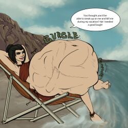 1girls avatar_legends avatar_the_last_airbender avoracomics azula barefoot beach beach_chair belly belly_bulge big_belly black_hair dialogue digestion_noises english_text female female_pred fire_nation huge_belly same_size_vore speech_bubble stomach_noises text vore vore_belly