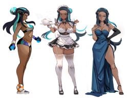 alternate_costume black_and_blue_hair black_hair breasts dark-skinned_female dark_skin female female_only formal_clothes looking_at_viewer maid_outfit maid_uniform nessa_(pokemon) nintendo pokemon rakeemspoon solo