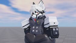 1male 3d 3d_(artwork) anthro blocky_body caffinatedbuns clothed femboy fingerless_gloves male male_only red_eyes roblox robloxian solo_male victoria_housekeeping von_lycaon white_body white_fur white_hair zenless_zone_zero