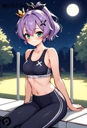 ai_generated azur_lane bangs bare_arms bare_shoulders black_pants blush breasts cleavage closed_mouth collarbone cross_hair_ornament crown female full_moon green_eyes hair_ornament hair_ribbon high_ponytail javelin_(azur_lane) looking_at_viewer medium_breasts midriff mini_crown moon navel night night_sky outdoors pants pikkiwynn ponytail purple_hair ribbon short_hair sitting sky smile solo sports_bra star_(sky) starry_sky stomach thighs tree x_hair_ornament