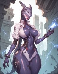 1girls ai_generated black_bodysuit bodysuit bunny_(the_first_descendant) curvy day electricity female helmet nipple_outline outdoors pale_skin sky solo standing the_first_descendant thick_hips thick_thighs wide_hips