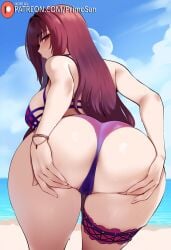 ai_generated ass ass_focus beach bikini hair_ornament long_hair looking_back primosan purple_eyes purple_hair scathach_(fate) spread_ass standing swimsuit