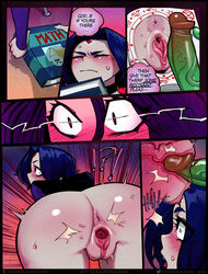 1boy 1girls anus ass beast_boy bent_over big_ass blush breasts clothed_sex clothing comic cross_section dc dc_comics english_text female from_behind gaping highres open_mouth penetration penis portal_(object) pussy rachel_roth raven_(dc) remote_transfer sex short_hair speech_bubble teen_titans text vaginal_penetration x-ray zillionaire