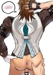 1boy absurdres anus arm_behind_head arm_up ass ass_hair back_turned bara black_shirt bottomless bottomless_male brown_hair censored commentary_request flaccid functionally_nude gallagher_(honkai:_star_rail) gloves grey_vest hand_on_another's_ass highres honkai:_star_rail honkai_(series) long_hair male_focus male_only muscular muscular_male noisezzz_(user_vwms5743) partially_clothed penis pov shirt speech_bubble spoken_blush spread_anus spread_ass testicles vest white_background