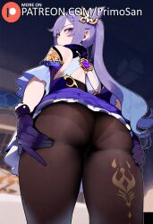 ai_generated ass_focus ass_support bare_shoulders cone_hair_bun from_behind from_below genshin_impact gloves keqing_(genshin_impact) large_ass long_hair looking_at_viewer looking_back pantyhose primosan purple_eyes purple_hair pussy_juice standing twintails