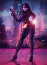 ass black_clothing black_hair catsuit fully_clothed gun hand_on_hip high_heel_boots looking_at_viewer looking_back mass_effect miranda_lawson nico_artooo thick_ass thick_thighs