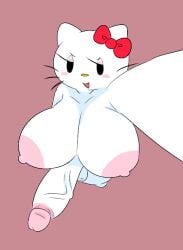 4th_wall_breaking anthro big_breasts bow fourth_wall futanari hair_ornament headgear hello_kitty hello_kitty_(character) hello_kitty_(series) holding_camera huge_penis kitty_white penis sanrio savagensfw solo