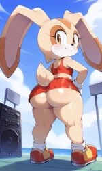 1furry ai_generated anthro anthrofied ass ass_focus big_ass big_ears boombox bubble_ass bubble_butt bunny_ears cheerleader cream_the_rabbit exposed_ass flat_chest furry furry_only looking_at_viewer microskirt narehate outdoors rabbit rabbit_ears rabbit_tail shortstack smile smug smug_face sonic_(series) thick_thighs thighs