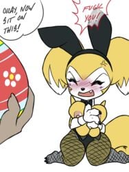 1girls 3:4 angry bandai_namco big_breasts blush breasts covering covering_breasts digimon digimon_(species) disembodied_hand duo easter embarrassed english_text fakemon fan_character female furball holidays hybrid impmon nipples renamon renimpmon shortstack solo_focus tail text