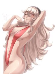 1girls arm_behind_head armpits bare_arms bare_midriff bare_thighs blonde_hair breasts corrin_(fire_emblem) corrin_(fire_emblem)_(female) female female_only fire_emblem fire_emblem_fates grey_hair grin hair_between_eyes hairband hand_on_own_face long_hair looking_at_viewer medium_breasts midriff naughty_face nintendo one_eye_closed red_eyes revealing_clothes rinku_bny short_hair sideboob sling_bikini smile solo swimsuit thighs very_long_hair wink