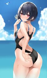 1girls ass ass ass_cleavage back bare_arms bare_hands bare_hips bare_legs bare_shoulders bare_skin bare_thighs belly bikini black_bikini black_hair black_hair_female black_one-piece_swimsuit black_swimsuit black_swimwear blue_background blurred_background blurry_background blush blush blushing_at_viewer blushing_female breasts butt_crack butt_crack_outline curvy curvy_ass curvy_body curvy_female curvy_figure curvy_hips curvy_thighs dot_nose elbows eyebrows_visible_through_hair female female_focus female_only fingernails fingers hair_between_eyes hair_bun half_naked hand_on_ass hand_on_butt hand_on_own_ass hand_on_own_butt high_resolution highres idolmaster idolmaster_shiny_colors inuzumi_masaki legs legs_together light-skinned_female light_skin looking_at_viewer looking_back looking_back_at_another looking_back_at_partner looking_back_at_viewer medium_hair morino_rinze naked naked_female nude nude_female ocean one-piece_swimsuit petite petite_body petite_breasts petite_female petite_girl purple_eyes purple_eyes_female sea seaside short_hair shoulders sideboob simple_background slender_body slender_waist slim_girl slim_waist small_breasts solo standing swimsuit swimwear thick_ass thick_thighs thighs thin_waist upper_body wide_hips