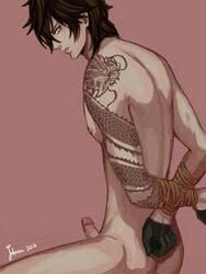 1boy 2016 black_hair dragon_tattoo erection jouvru_(joberu) looking_at_viewer male_only nipples original original_character penis tattoo tied_up yellow_eyes